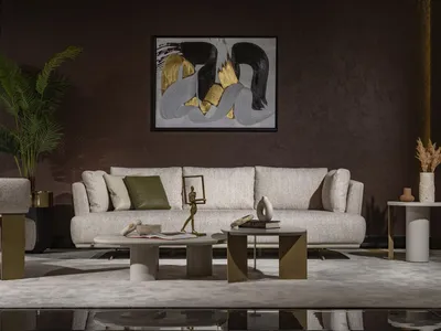 Image de Canapé 4 places moderne beige en bois et tissu