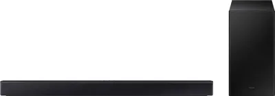 A black soundbar and subwoofer are displayed against a white background.