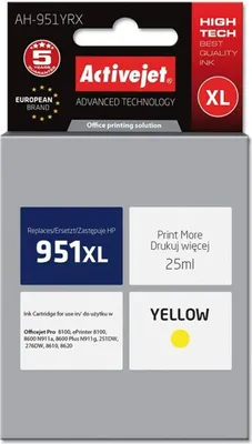 Produktbild von Activejet AH-951YRX Tinte (Ersatz für HP 951XL CN048AE; Premium; 25 ml; gelb)
