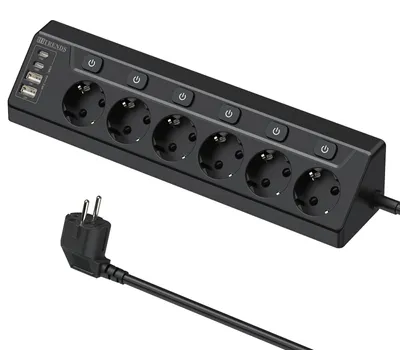 Produktbild von Ecksteckdose mit 2 USB C und 2 USB A - 6-fach Steckdosenleiste mit Schalter