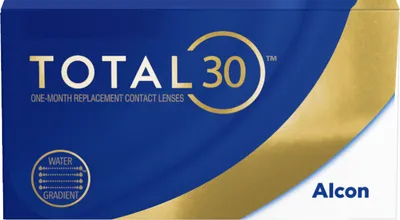 A close-up of the packaging for TOTAL30 one-month replacement contact lenses.