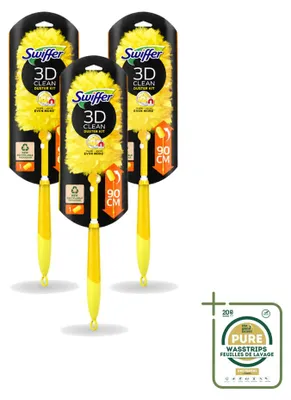 Imagen del producto de 3 unidades de plumero telescópico Swiffer XXL con mango de 90 cm y 1 paño atrapador de polvo – Paquete de suministro