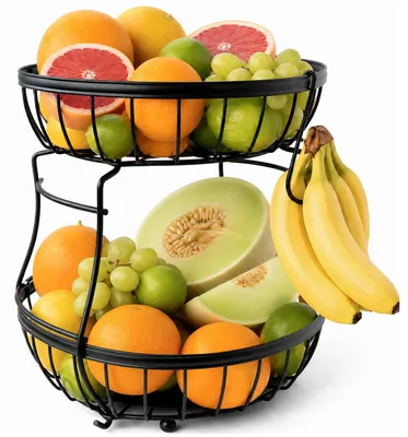 Produktbild von MIAMIO Obst-Etagere 2-stöckig aus Metall, schwarz, Obstkorb mit Bananenhaken
