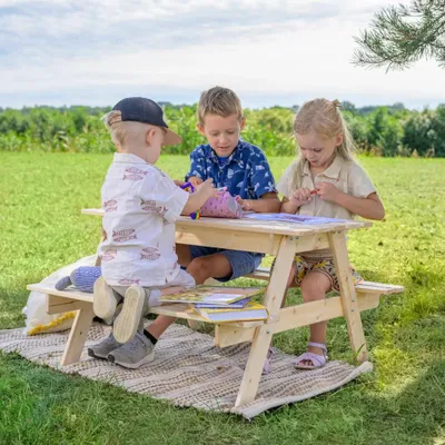 Produktbild von TIMBELA M010-1 Kinderstuhl-Set aus Naturholz mit Staufach - H50 x 90 x 90 cm Stabile Kinderbank fürs Picknick mit Staufach
