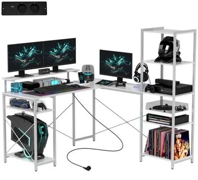 Produktbild von L-f?rmiger Schreibtisch mit Ladestation, Eck-Computertisch mit Monitorst?nder und Regalen, fš¹r Homeoffice, Bš¹ro, Wei?
