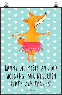 Produktbild von Mr. & Mrs. Panda Bild Fuchs Ballerina DIN A1 - Türkis Pastell - Geschenk, Party, Tanzen, Feier, drucke, Geburtstag, Plakat, Wandbild, Deko, wanddeko