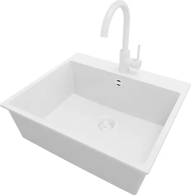 Produktbild von PRIMAGRAN Granitspüle Alles Weiß 58x50cm, Spülbecken 1 Becken + Küchenarmatur 32x20cm + Ablauf-Set, Küchenspüle ab 60er Unterschrank - Riga