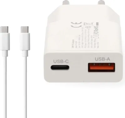 Immagine prodotto di Caricabatterie da parete GaN doppio da 20 W, USB-A e USB-C, PD3.0, bianco