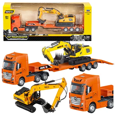 Produktbild von Lkw mit Anhänger, Abschleppwagen, Metallbagger, Marke Huina, Farbe Orange, Maßstab 1:50