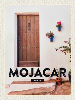 Produktbild von vianmo Holzschild 40x30 cm Mojacar Spain Spanien Hozltür Bildmotiv Reisemotiv Straße Stadt