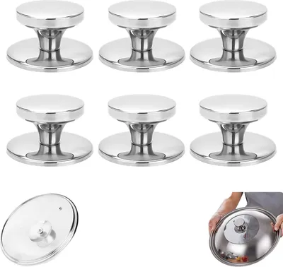 A set of six stainless steel pot lid knobs, with one lid shown separately and a person holding another lid.