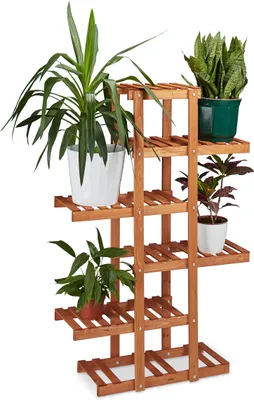 Produktbild von Relaxdays Blumenregal aus Holz, 5 Ebenen, Blumenständer für innen, Mehrstöckig, HBT: ca. 125 x 81 x 25 cm, hellbraun