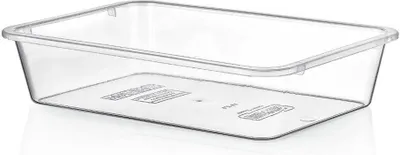 A clear, empty rectangular plastic storage container is shown against a white background.
