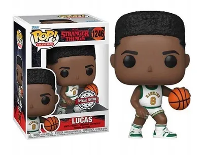 A Funko Pop! vinyl figure of Lucas from Stranger Things, shown in its packaging and also standing alone, holding a basketball.