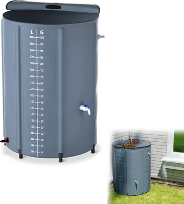Produktbild von UISEBRT 380 Liter Faltbare Regentonne, Regenwassertonne, Regenwassertank, UV-stabil & witterungsbeständig, Mit Überlaufschutz & seitlicher Skala, Kompakt für Garten, Balkon, Camping, Dunkelgrau