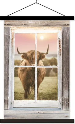Produktbild von MuchoWow® Textilposter Schottisches Hochlandrind - Ansicht - Fenster 40x60 cm mit schwarzem Rahmen - Wanddekorationen