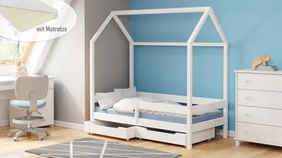 Produktbild von Hausbett Melania 160x80 Kinderbett mit Rausfallschutz & Lattenrost weiß 80 x 160 für Mädchen und Jungen, mit Matratze und Schubladen