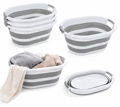 Image de Lot de 4 corbeilles à linge pliables rétractables 21 L - Blanc et gris - 53,5 x 38,5 x 24 cm