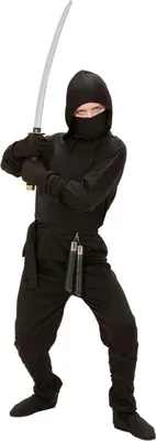 A child wearing a ninja costume holding a sword.