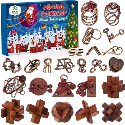 Zdjęcie produktu dla Kalendarz adwentowy puzzle i łamigłówki - 24 drewniane puzzle i metalowe łamigłówki - Świąteczny kalendarz 2025 - Łamigłówki dla dzieci i dorosłych