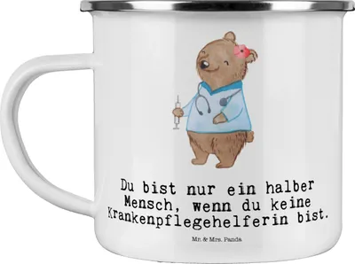 Produktbild von Mr. & Mrs. Panda Haferl Krankenpflegehelferin Herz - Weiß - Geschenk, Teetasse, becher emaille, Beruf, Kaffeepott, Pott, Pflegekraft, Ausbildung, Lustig, Tasse, Spruch