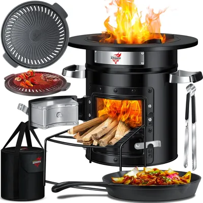 Produktbild von KESSER® Raketenofen Inkl. Grillpfanne aus Gusseisen mit Tragetasche, Dutch Oven BBQ Rakete Holzofen Camping Campingkocher Campinggrill, Edelstahl