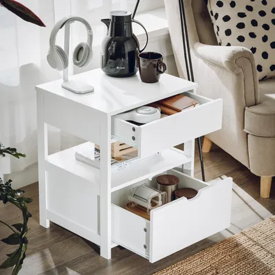 Zdjęcie produktu dla SoBuy stolik nocny, szafka nocna z 2 szufladami i półką Nowoczesny stolik nocny, szafka do przechowywania w sypialni, Beside Table FRG258-II-W