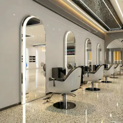 Image de Console de coiffure, barbier et esthétique avec miroir LED 180x80 PRO argenté, productTiles.product.images.aiGenerated
