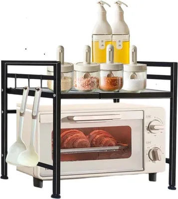 Image de Support à deux niveaux pour micro-ondes, support extensible pour micro-ondes, support de table de cuisine en acier au carbone, support de mini-four pour plan de travail, plateaux de cuisson avec 3 crochets