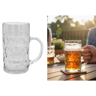 Produktbild von 6 x Bierkrug 1000 ml Glas mit Henkel Musterung großer Glaskrug für Bier Wasser Saft Limonade Bierkrüge robust - Biergläser