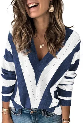 Produktbild von Damen Strickpullover V-Ausschnitt Casual Warm Locker Bequem Blau M