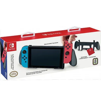 The image shows the packaging of a Nintendo Switch accessory pack, featuring a Nintendo Switch console with Joy-Cons attached to grips.
