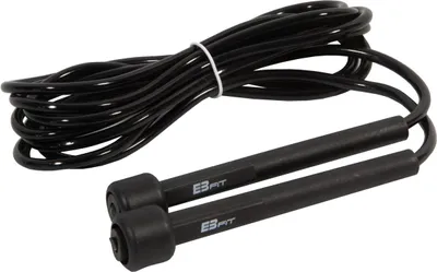 A black speed rope is laid out on a white background.