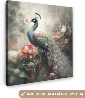 Zdjęcie produktu dla MuchoWow® - Obraz na płótnie - Paw - Pawie pióra - Ptak - Dżungla - Kwiaty, fototapeta, dekoracja ścienna, obrazy do salonu, 20x20cm