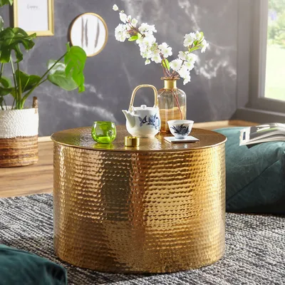Obrázok produktu pre Konferenčný stolík rahi 61 x 40,5 x 61 cm stolík z hliníka a zlata orientálne okrúhle | Wohnling