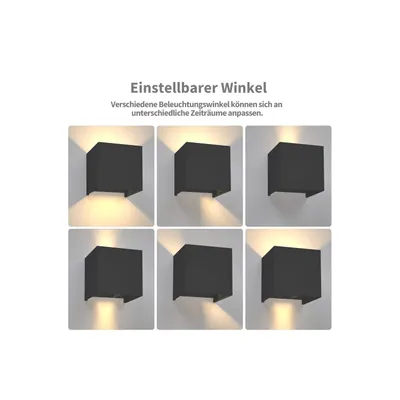 Produktbild von Optimumx LED Wandleuchten Innen/Außen 12W Innen Auf und ab Einstellbarer Lichtstrahl 3000K Warmweiß IP65 Schwarz, 8er