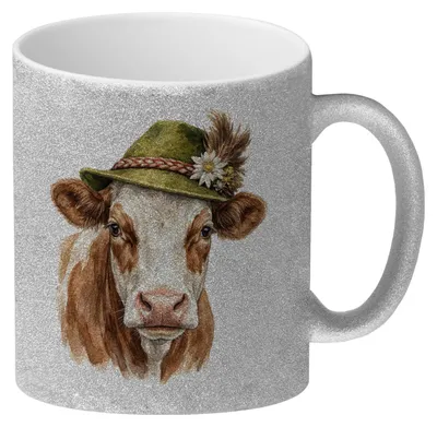 Produktbild von Kuh mit alpenländischem Trachtenhut Glitzer-Kaffeebecher