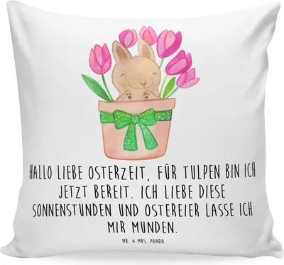 Produktbild von Mr. & Mrs. Panda zier kissen Hase Tulpen - Weiß - Geschenk, Alternative zu Blumen, Ostergeschenk, Sofakissen, Sofa, 40x40, für, Blumenstrauß, Ostern, Polster