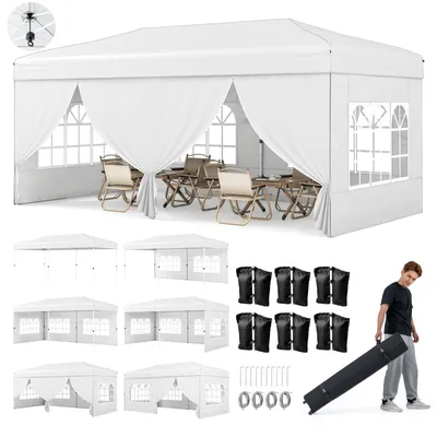 Produktbild von COSTWAY Pavillon 3x6m, Pop-up Faltpavillon Partyzelt mit Metallrahmen, 6 Seitenwänden, 6 Sandsäcke, Windseile, Erdspieße & Tragetasche auf Rollen