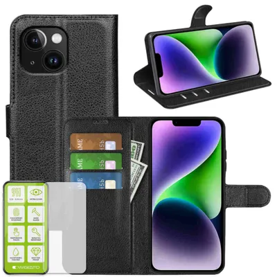 Obrázek produktu pro Pouzdro na mobilní telefon Apple iPhone 15, černé, z umělé kůže + tvrzené sklo H9