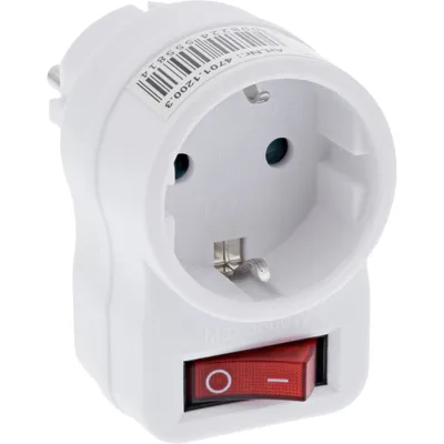 A white electrical adapter with a red switch.
