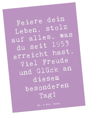 Produktbild von Mr. & Mrs. Panda Postkarte Spruch 1953 Geburtstag - Lavendeltraum - Geschenk, Ansichtskarten, Feiere dein Leben, Fotokarte, Grußkarte, Glück, Liebe, Geburtstagskind