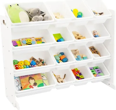 Obrázok produktu pre Regál so 16 úložnými boxmi do detskej izby - úložné boxy na hračky prírodné/biele skrinky na hračky