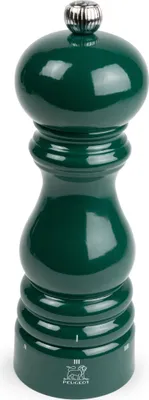 A dark green PEUGEOT pepper mill on a white background.