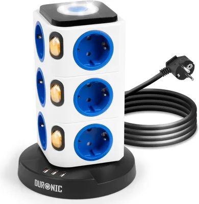Produktbild von Duronic ET12L Mehrfachsteckdose | Steckdosenwürfel mit 3 USB Ports und touch-sensitives Nachtlicht | 12-Fach Steckdose 3680W 16A | Steckdosenleiste mit Überspannungsschutz | Steckerturm mit 1,8m Kabel