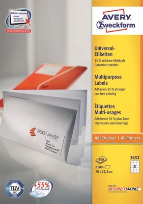 Image de Avery - Etiketten - weiß - 42,3 x 70 mm 2100 Etikett(en) (100 Bogen x 21) (3652)
