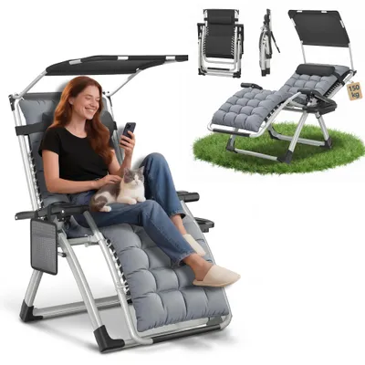 Obrázek produktu pro TRMLBE Sklopné lehátko do zahrady se sluneční stříškou, nastavitelným opěradlem, ergonomické relaxační lehátko do zahrady, na balkon a terasu, šedé