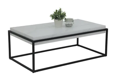 Produktbild von Couchtisch Carlos - Platte 10cm stark - Nachbildung Marmor Optik - Metallgestell Schwarz matt - 114x64x42cm