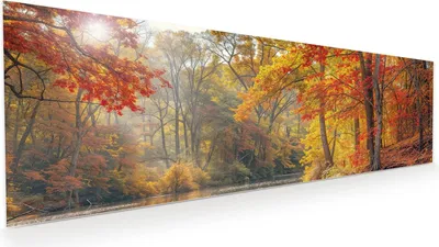 Produktbild von Glasbild 120x40cm in XXL für Wohnzimmer, Schlafzimmer Motiv Herbstwald See