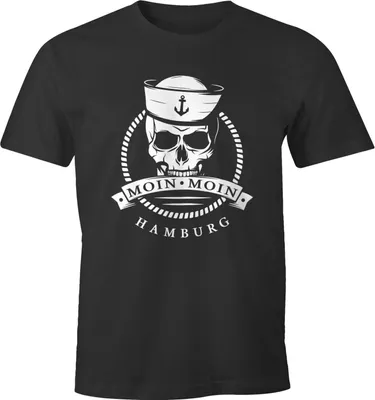 Produktbild von Herren T-Shirt Totenkopf Matrose Anker Motiv Skull Emblem Schriftzug Moin Moin Hamburg Fun-Shirt Spruch Moonworks® anthrazit 4XL